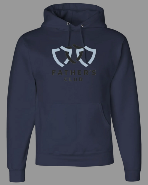 Navy blue hoodie with 'Father's Club' logo 